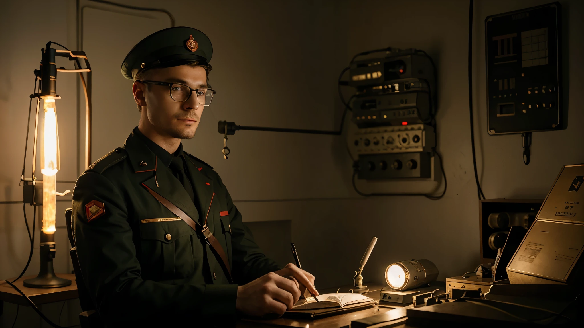 Russian man with glasses radio operator in Russian army uniform establishes communication with Mars using a telegraph key