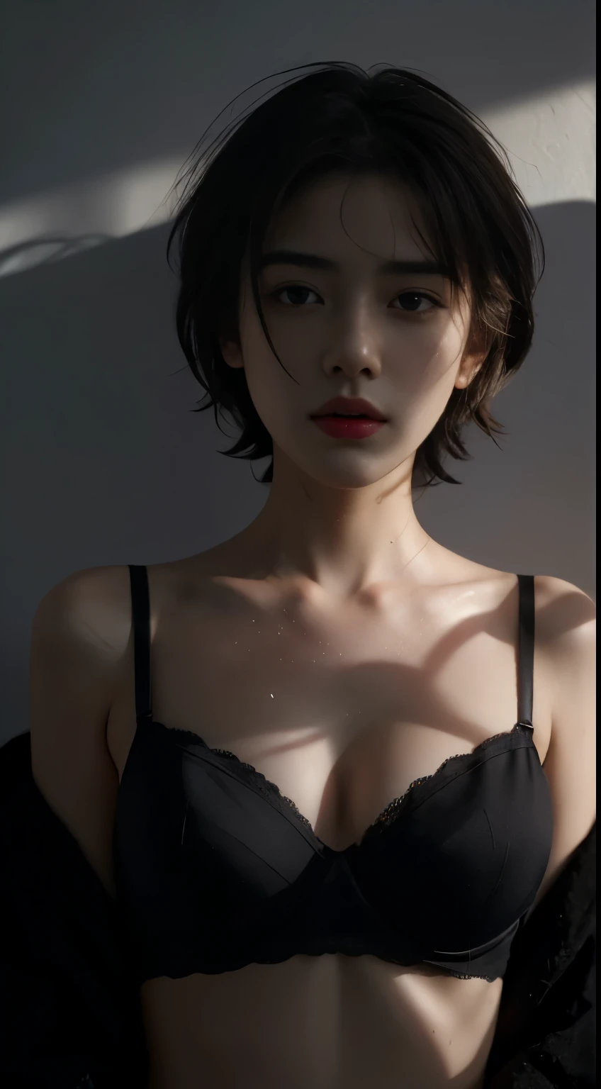 Best quality, masterpiece, ultra high res, (photorealistic:1.5), raw photo, 1girl, offshoulder, in the dark, deep shadow, low key, cold light, sexy look, short hair, smooth , simple bra , strap, leaf shadow, wet