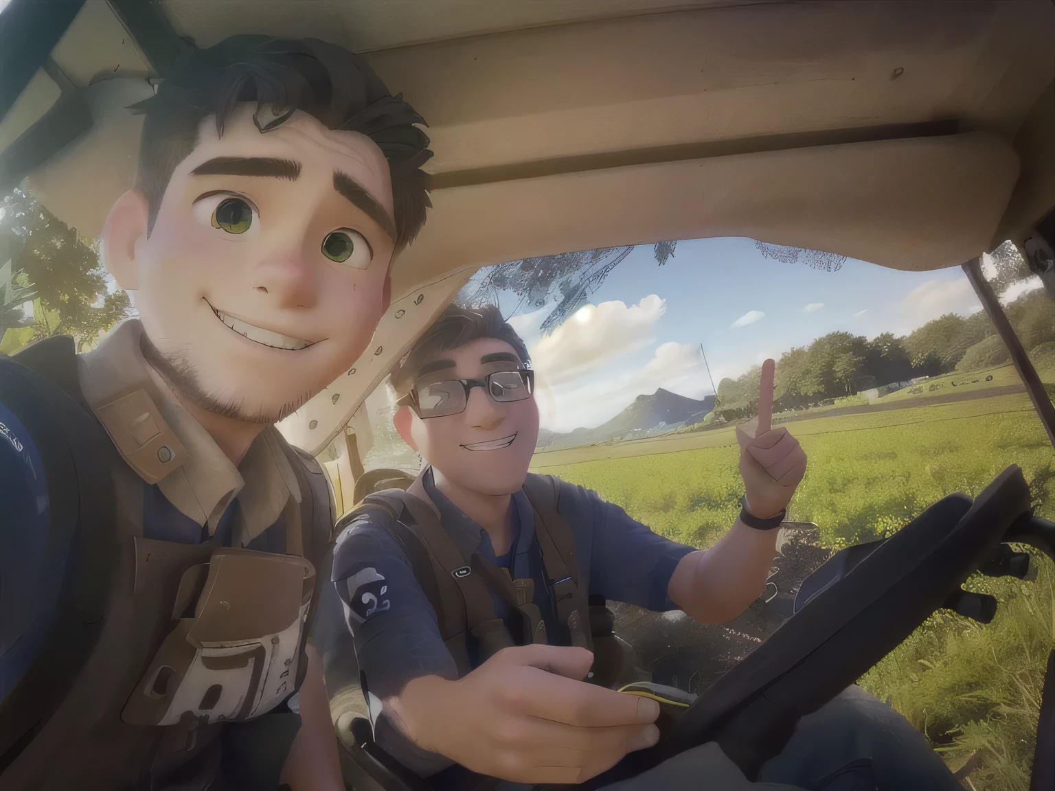 there are two men sitting in a cart with a peace sign, taken on go pro hero8, captured on iphone, hidari and vlop, shot on gopro9, selfie photo, gopro photo, gopro shot, ruan jia and brom, in the middle of the battlefield, selfie shot straight on angle, with horse driven, shot with iphone 1 0, selfie