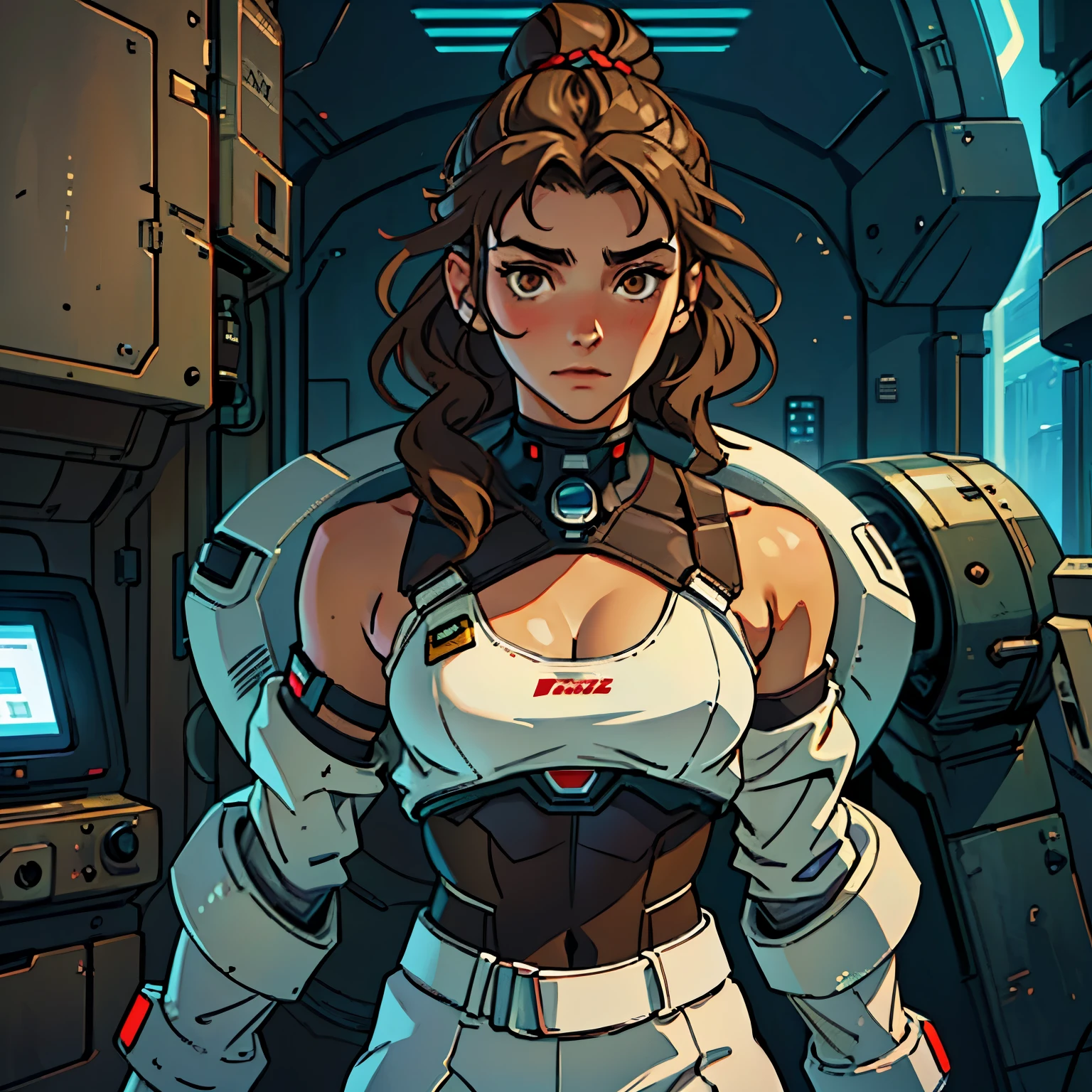 (Caucasian teenager), 18 years old, brown eyes, (wavy brown hair), (hair tied back), medium hair, small medium breasts. She wears a white sci-fi suit, (cleavage), bare shoulders, solo, in futuristic shelter, HD 4K