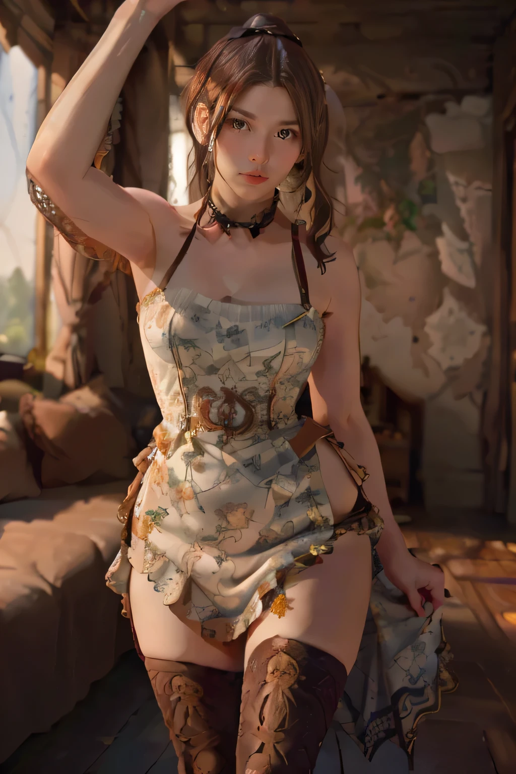 (Masterpiece:1.2, Best quality), Realistic, (Real picture, Intricate details, brown hair ponytail, Depth of field, seductive, highly  detailed, Perfect face, Perfect body, Large models, wide hips, summer dress with straps,
Mature woman, Tall, Long legs, in the house. 