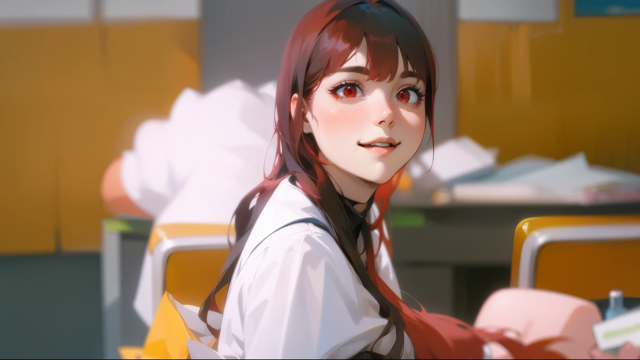23-year-old woman red hair red eyes smiles maliciously irony mocks