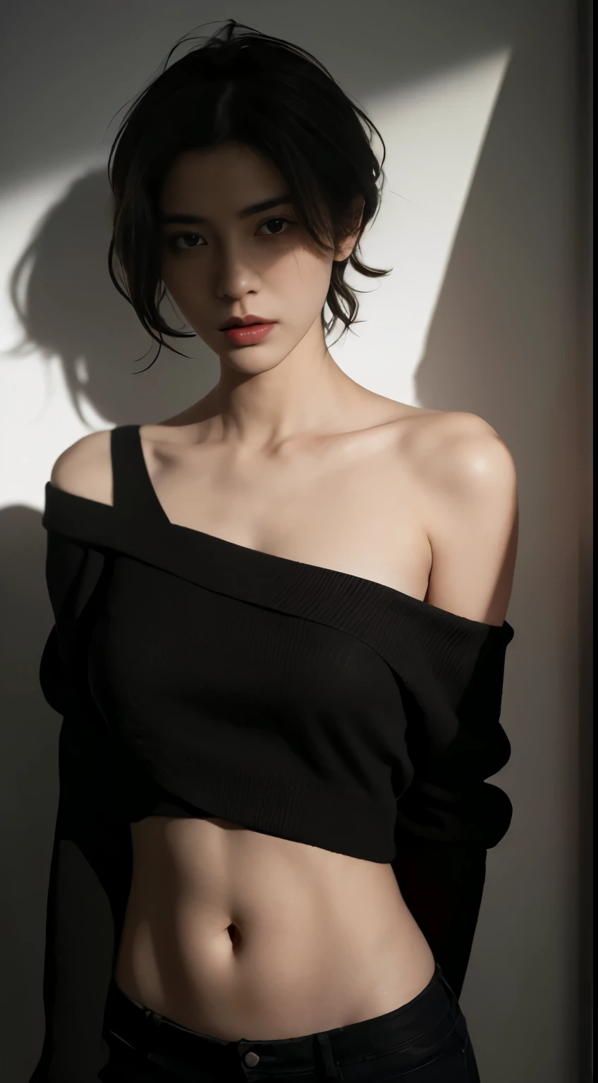 Best quality, masterpiece, ultra high res, (photorealistic:1.5), raw photo, 1girl, offshoulder, in the dark, deep shadow, low key, cold light, sexy look, short hair, underwear