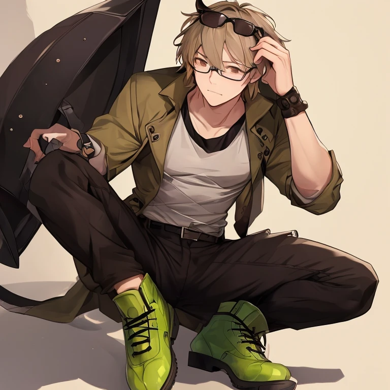 Male, 23 years old, olheiras, brown eyes, light brown hair, using a shirt, has a armadura de couro, black pants, green shoes, beige skin, protect glasses in his head, shortand messy hair, he looks tired but very hot(in the good body way), ordem paranormal, cellbit's rpg