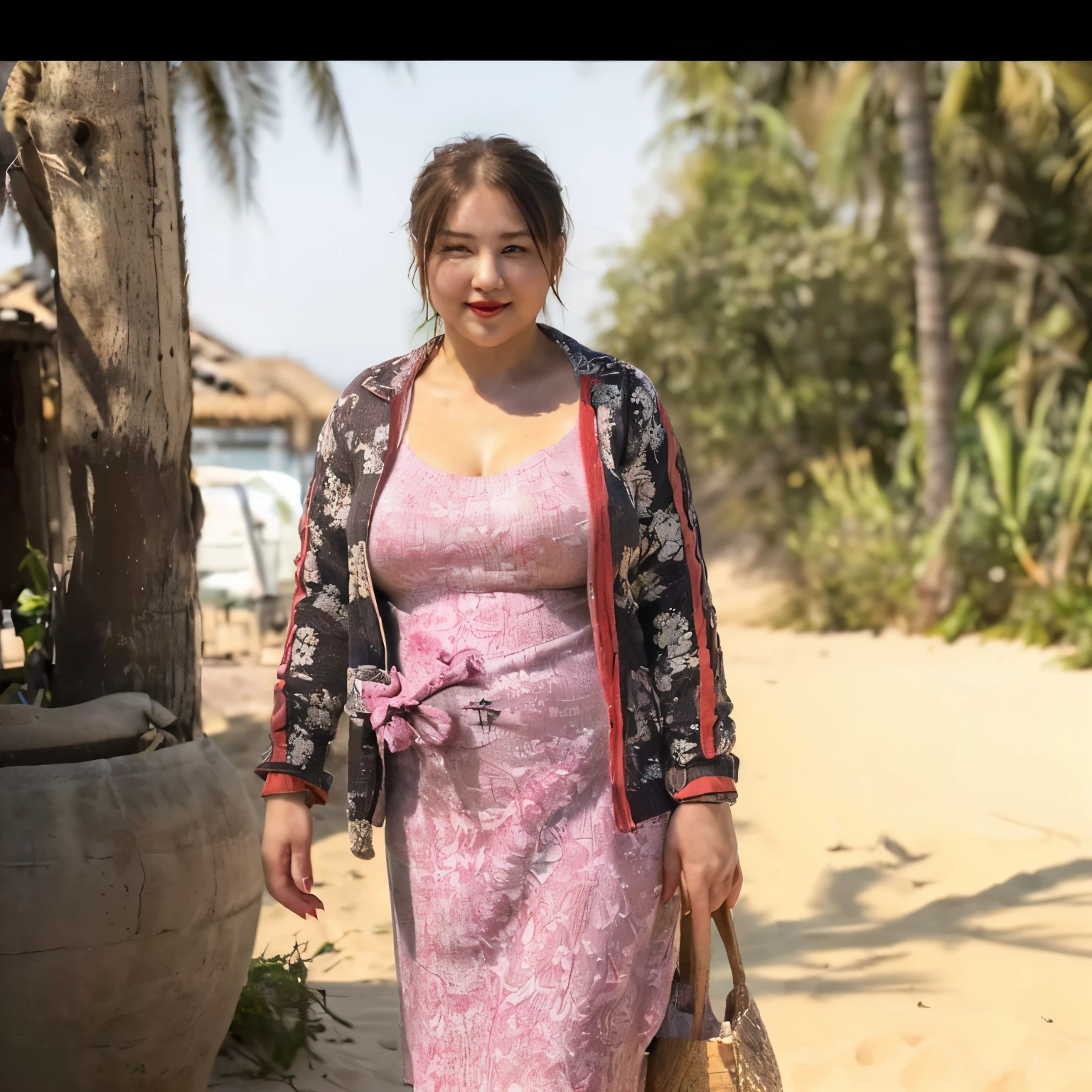 ((top quality、8k、masterpiece:1.3))、sharp focus, High level of image quality, high resolution,Draw lips correctly, red lipstick, from chest up, best quality, Super detailed, lifelike, Super fine skin, perfect anatomy, (Chinese women), (alone),Wearing a floral green round neck long sweater dress,short sleeve,white boots。40 year old female,adult,charming smile,Chubby face,Round cheeks, ,Fat face,Chubby round face,big eyes,short hair,hair tied up,hair up,Big breasts,Chubby body,Leg length,stand,stand up,beach background