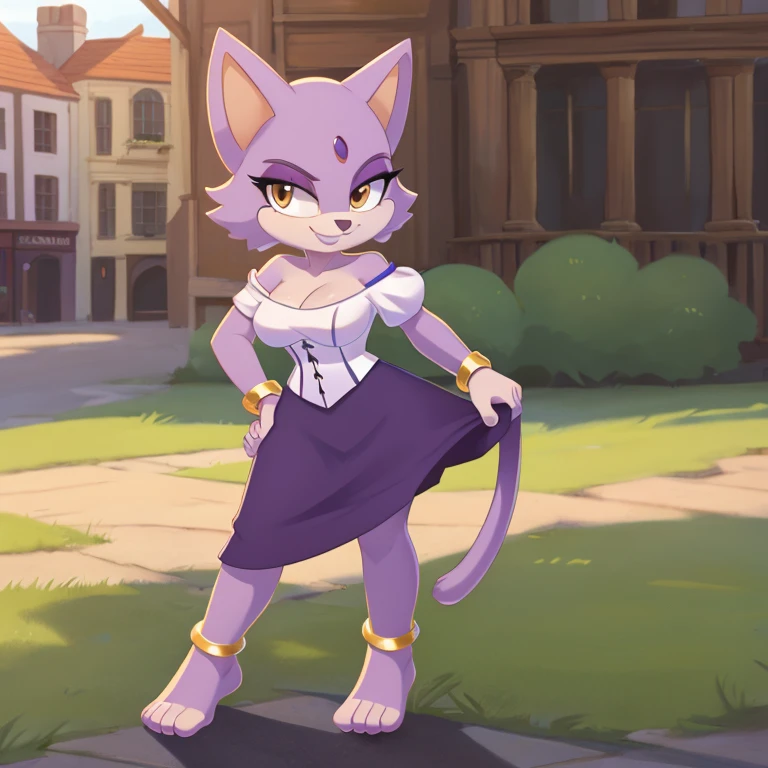 score_9, score_8_up, 2d, 1girl, blaze the cat, amber eyes, lavender fur, solo, jewelry, barefoot, gold bangle bracelt, breasts, cleavage, anklet, off shoulder, purple skirt, smile, hand on hip, pink hairband, long skirt, full body, white shirt, bare shoulders, makeup, puffy sleeves, medium breasts, green cincher corset, off-shoulder shirt, standing, bangle, puffy short sleeves, dancing, eyeshadow, dress, short sleeves, outline, toes, underbust, looking to the side, collarbone, town sqaure background, day, esmarelda cosplay,