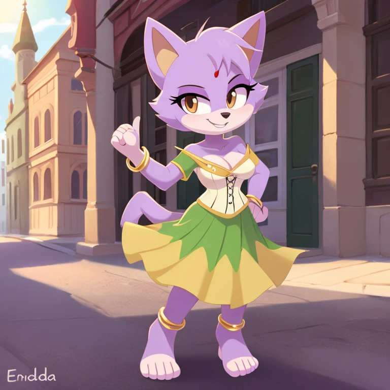 score_9, score_8_up, 2d, 1girl, blaze the cat, amber eyes, lavender fur, solo, jewelry, barefoot, gold bangle bracelt, breasts, cleavage, anklet, off shoulder, purple skirt, smile, hand on hip, pink hairband, long skirt, full body, white shirt, bare shoulders, makeup, puffy sleeves, medium breasts, green cincher corset, off-shoulder shirt, standing, bangle, puffy short sleeves, dancing, eyeshadow, dress, short sleeves, outline, toes, underbust, looking to the side, collarbone, town sqaure background, day, esmarelda cosplay,