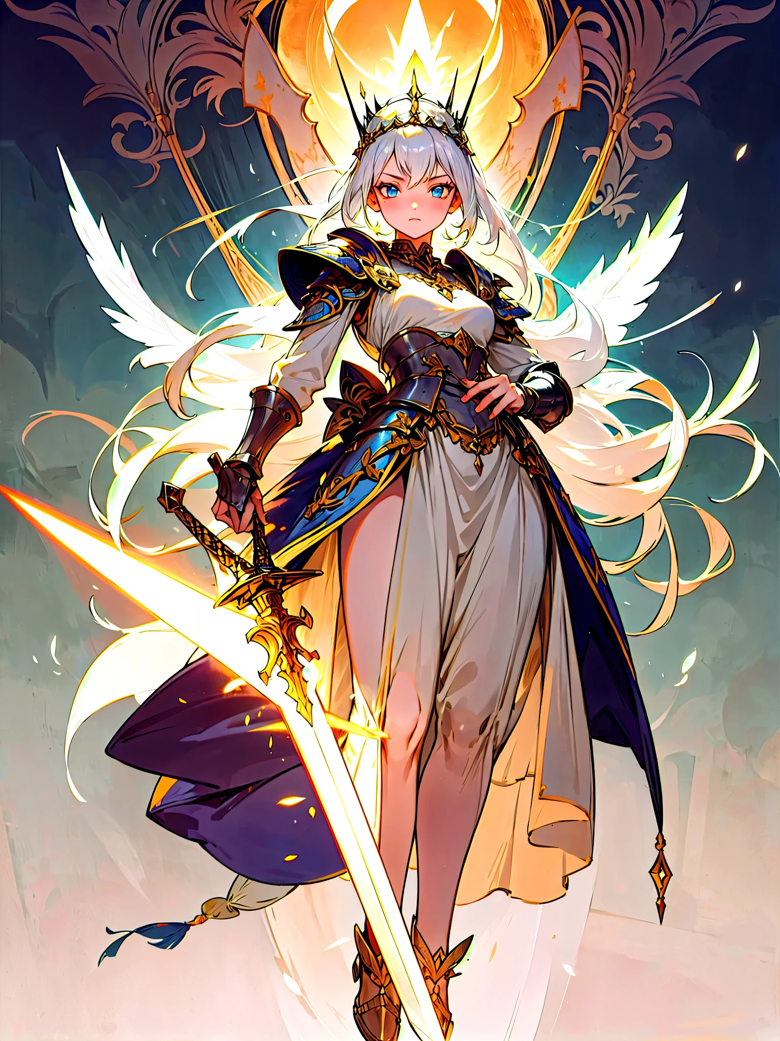 Official artwork with high detail, Character front,full-body shot,18-year-old girl,White hair,White Gods,Holding the sword downward,Wearing a crown,Wearing armor,Feather decorations,The gaze is like a torch,Serious,Tarot,The girls' clothing is mainly silver and white,The background decoration behind the girl is white,Clarity,White skin
