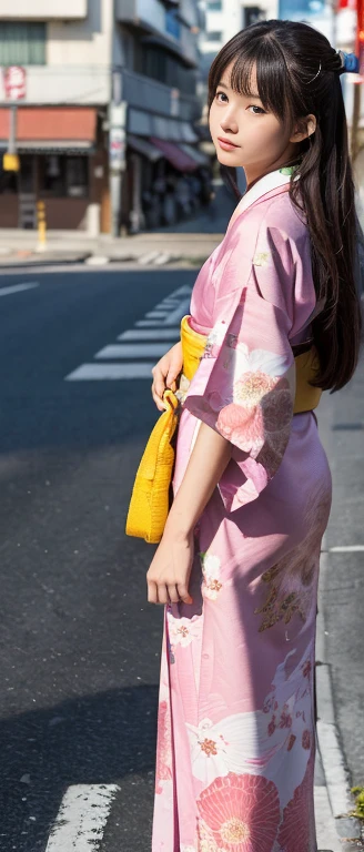 ((masterpiece, best quality, Highest image quality, Ultra-high resolution, Reality, original photo, 8k)), An 18-year-old female, Loose long hair,((Show off your whole body))，Tokyo Street，Yamaguchi Gumi，Wearing exquisite kimono，Stand at the intersection of the street，Pixel style