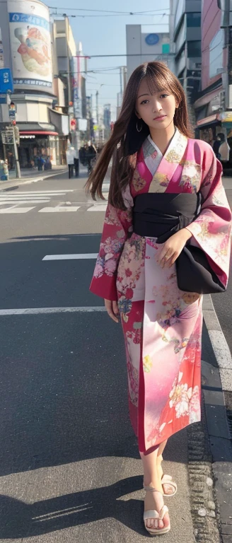 ((masterpiece, best quality, Highest image quality, Ultra-high resolution, Reality, original photo, 8k)), An 18-year-old female, Loose long hair,((Show off your whole body))，Tokyo Street，Yamaguchi Gumi，Wearing exquisite kimono，Stand at the intersection of the street，Pixel style