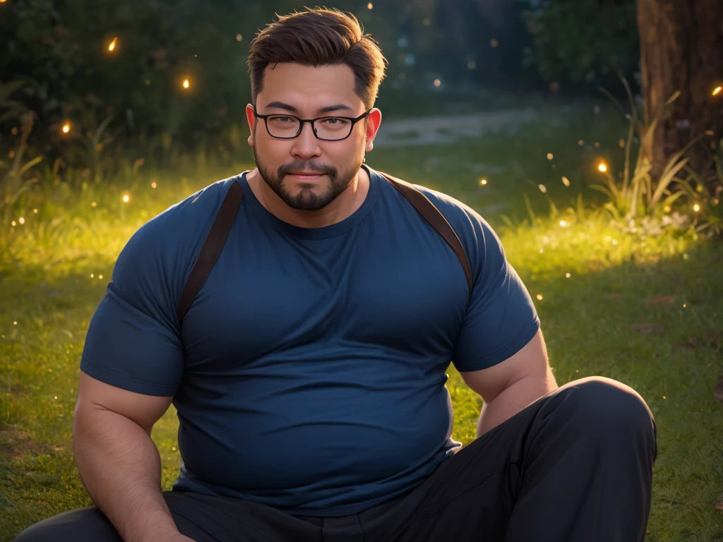 (40 years old daddy:1.1), 1boy, Solo, round face, short hair, brown eyes, beefy body, (big shoulders), big pecs, big pectorals, stubbles, Short beard, Beautiful eyes:1.3, (Detailed face:1.3), wearing glasses, Dynamic Angle, volumetric lighting, (Best quality, A high resolution, Photorealistic), Cinematic lighting, Masterpiece, RAW photo, stock photo, Intricate details, hdr, depth of field, man playing flute in a starry sky,The color of the clothes is a romantic recolor,The background is mainly blue, full body, sitting in the grass with light of the fireflies near him,