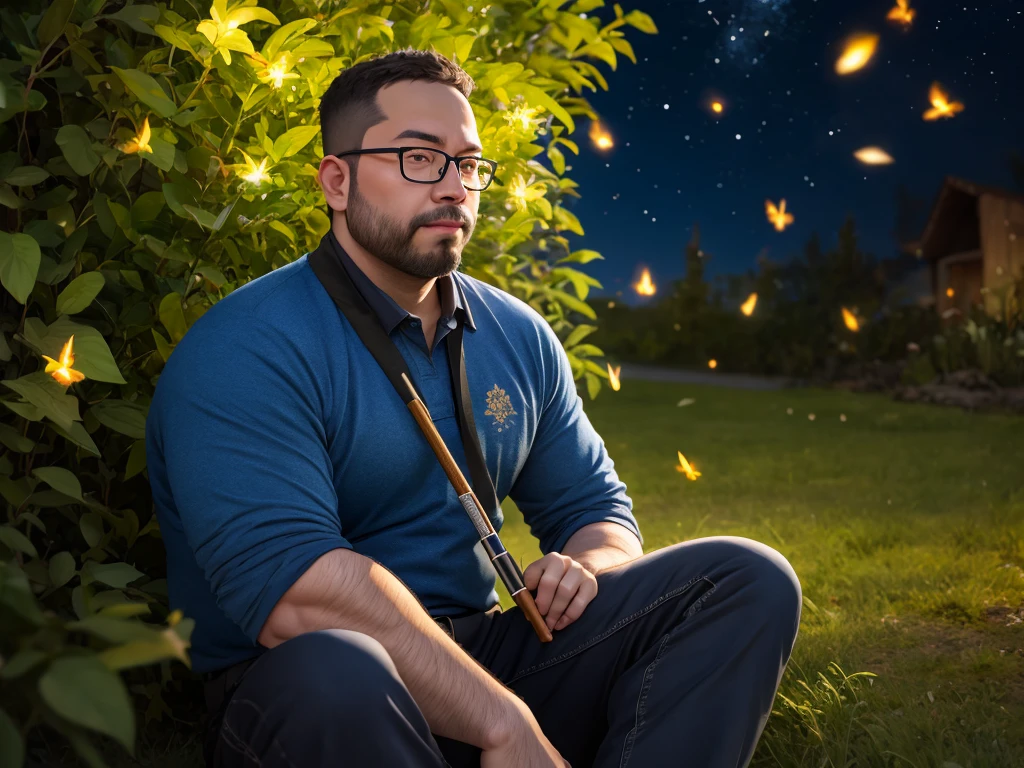 (40 years old daddy:1.1), 1boy, Solo, round face, short hair, brown eyes, beefy body, (big shoulders), big pecs, big pectorals, stubbles, Short beard, Beautiful eyes:1.3, (Detailed face:1.3), wearing glasses, Dynamic Angle, volumetric lighting, (Best quality, A high resolution, Photorealistic), Cinematic lighting, Masterpiece, RAW photo, stock photo, Intricate details, hdr, depth of field, man playing flute in a starry sky,The color of the clothes is a romantic recolor,The background is mainly blue, full body, sitting in the grass with light of the fireflies near him,