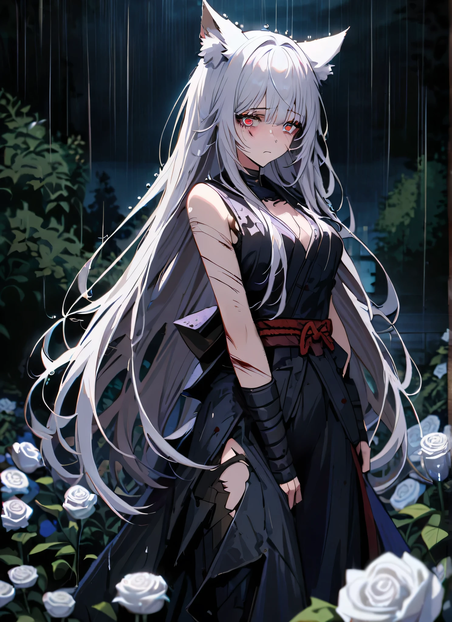 A gorgeous girl, wolf ears, wearing a damaged kimono samurai suit, a very ripped damaged kimono suit, missing parts of the suit, very ripped clothes, she's sad, tears, heartbroken, hurt, blood, dark garden, white roses, ultra detailed face, long eyelashes, sharp eyes, perfect make up, white ultra long hair, fullbody shot, garden, night, rain,