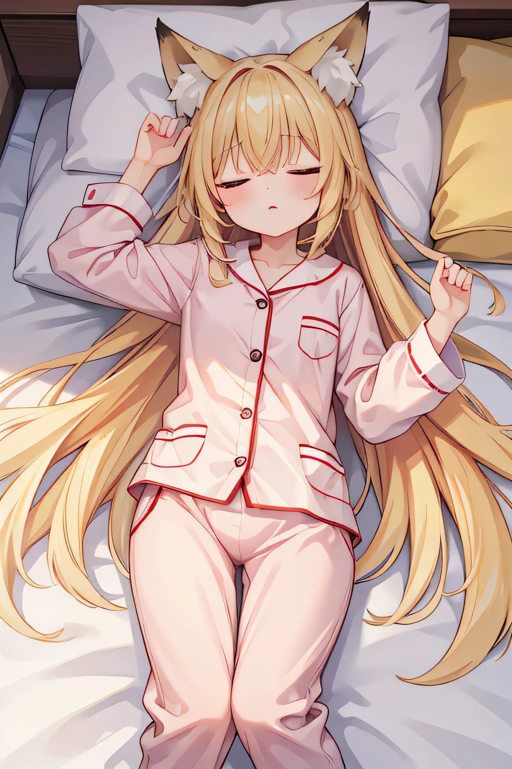 highest quality、Sleeping、Fox ears、Long blonde、pajamas、bed