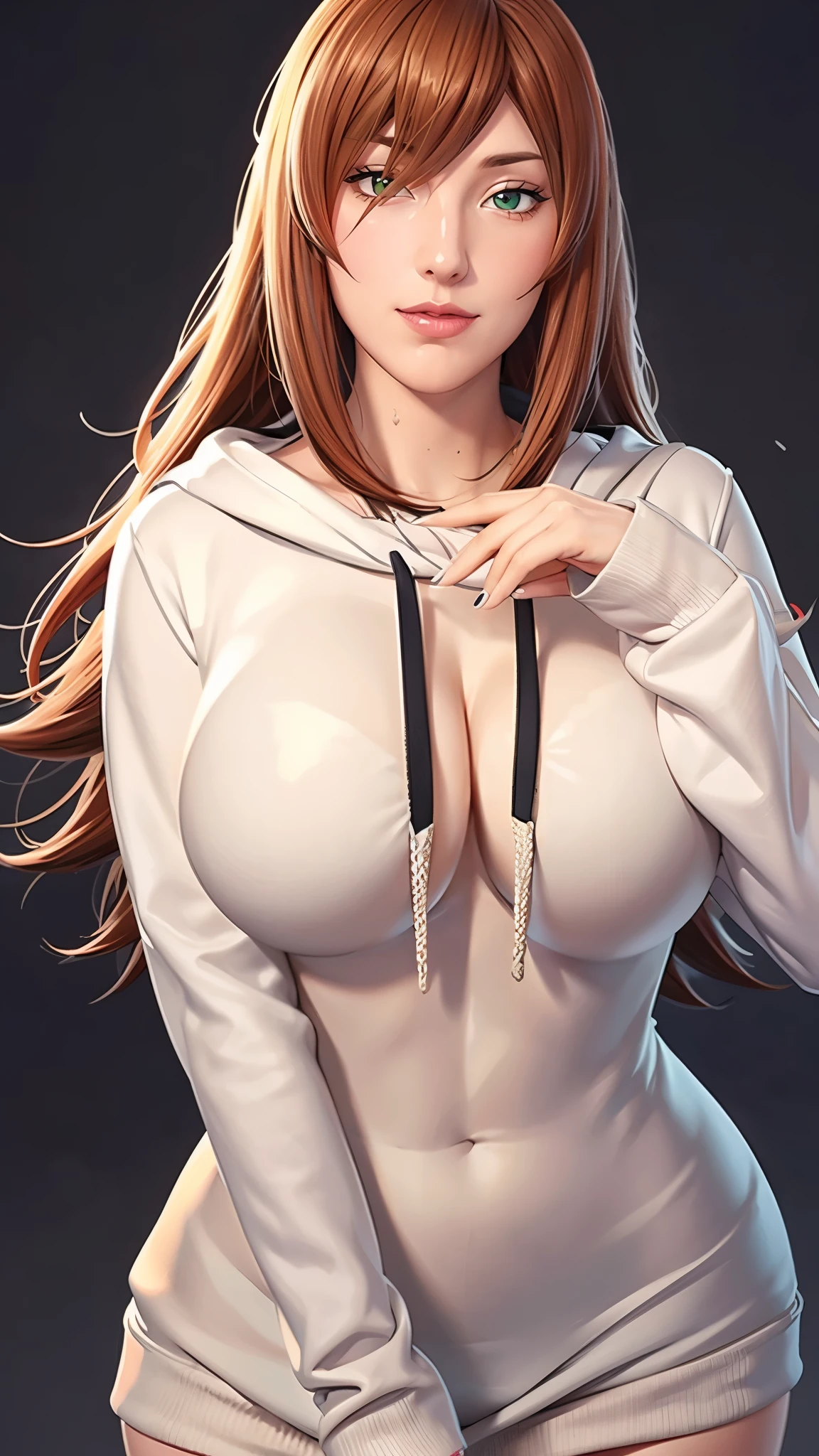 （（（完美figure，figure，solo， White and tender skin，（（（hoodie，wearing a hoodie））），（（（mei_terumi,long hair, brown hair, green eyes, hair over one eye, Red brown crossed long curly hair, right eye covered by hair, pink lips））），((masterpiece)),high resolution, ((Best quality at best))，masterpiece，quality，Best quality，（（（ Exquisite facial features，Looking at the audience,There is light in the eyes，(（（Smile，confidence)））)，））），型figure:1.7））），（（（Light and shadow，Huge breasts））），（（（Looking at the camera，black background，）））