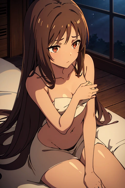 ((best quality)), ((masterpiece)), (detailed), perfect face, brown skin anime woman dressed in a night dress, (bare shoulders), (long hair), starving, (resting hands on the stomach), (hands on the stomach), (slim woman), (shiny skin)
