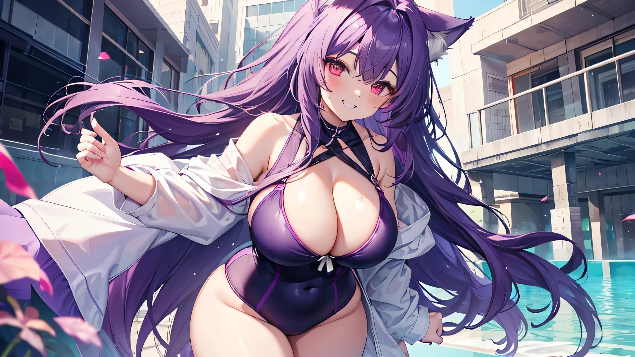 Wolf Girl, Large Breasts, Voluminous purple hair, masterpiece , Red eyes, hd, Thick thighs, Head to Chest, buried in my chest、Double teeth、tooth、Chubby、Grinning、School Swimsuit、Big cleavage、