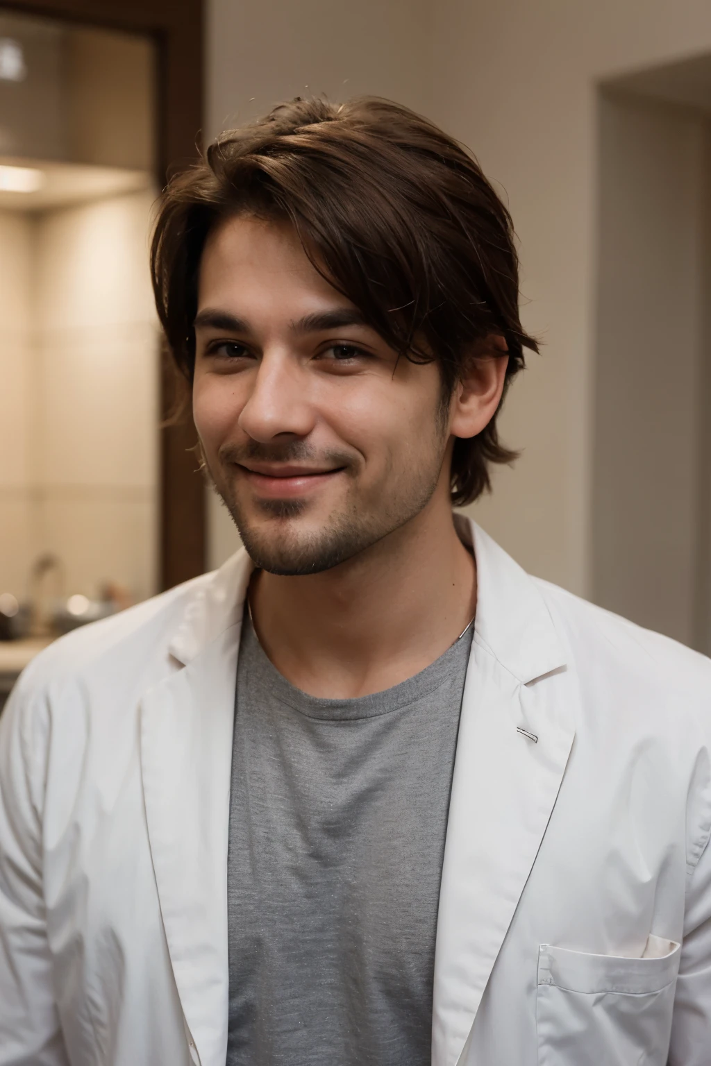 a masculine portrait of a doctor smiling with well groomed beard and nice modern style of haircut
