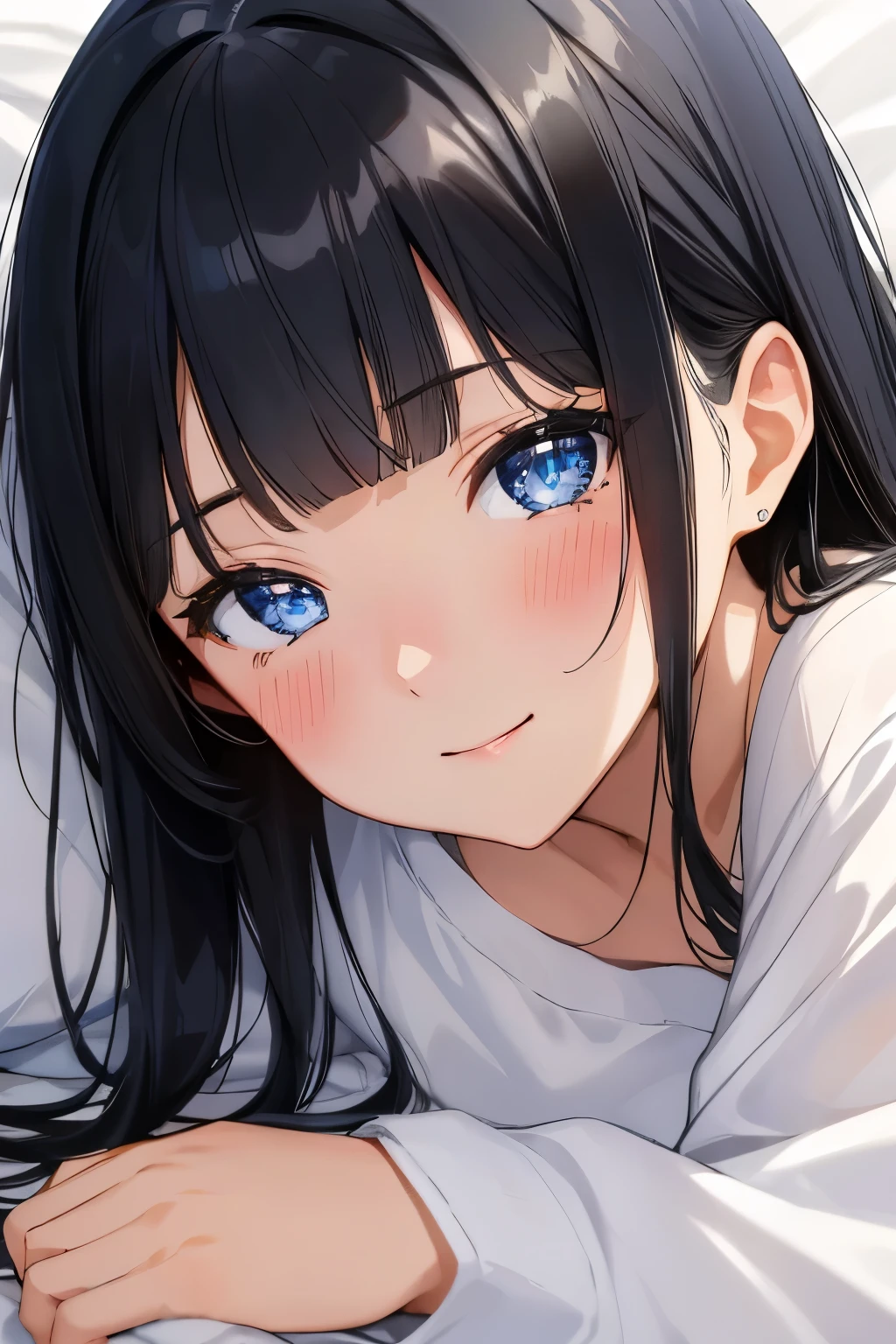 Masterpiece、highest quality、Woman 1、Super detailed　Black Hair、Blunt Bangs　Blue Eyes、Sparkling Eyes　Smiling、blush　T-Shirts　Face is close、Facial Close-up、Bring your face closer、Sheetsに寝転がる、Lying on your side　Sheets