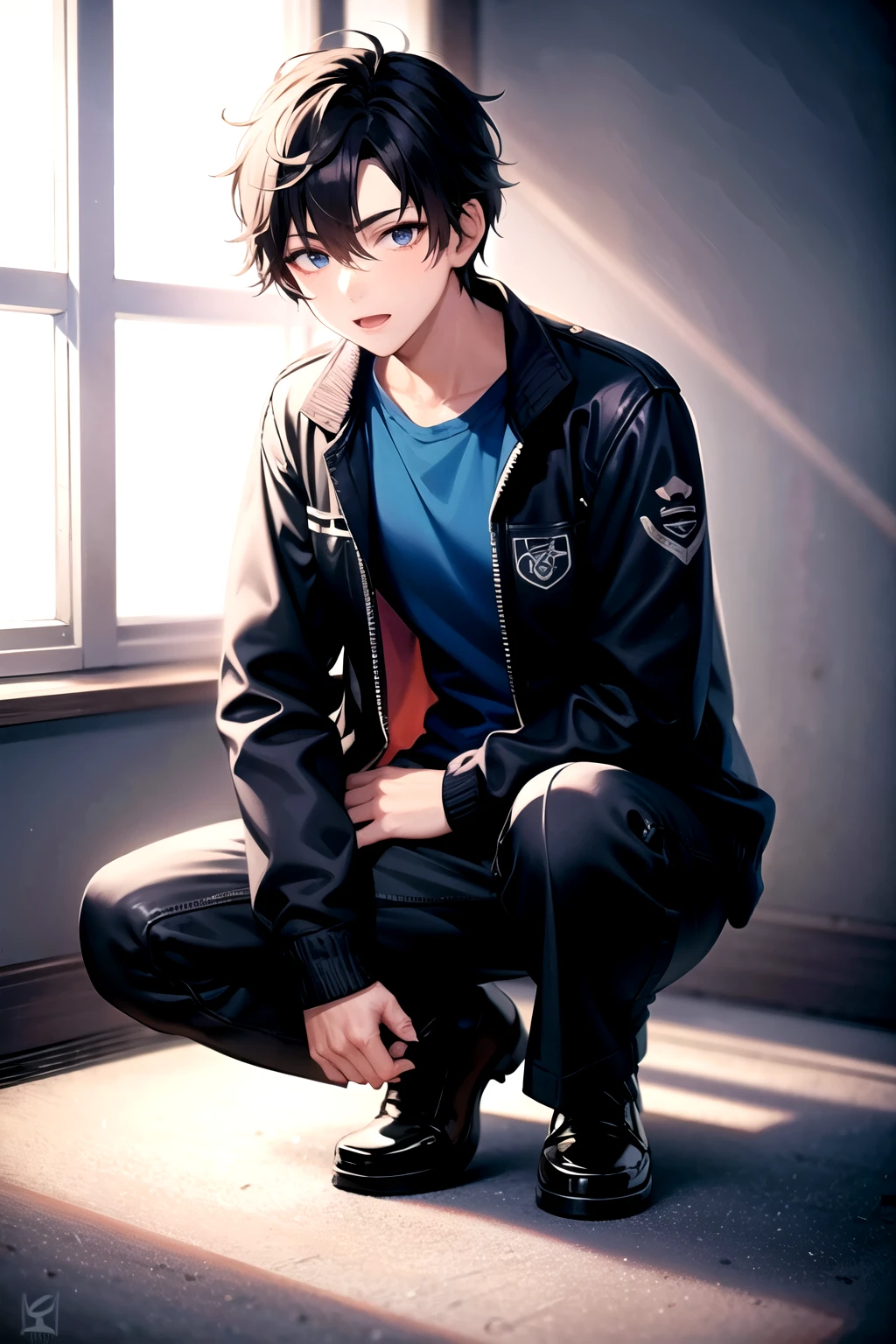 1boy, Esso Ekko, Black Hair, blue Eye, Blue Shirt, jacket White, Full body,