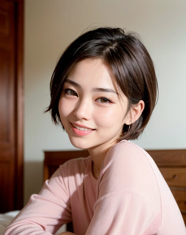 highest quality, Face Focus, Soft Light, (Depth of written boundary) ,Ultra-high resolution, (Realistic:1.4), RAW Photos, (Portraiture:1.4) ,(From the side) 1 Japanese girl, alone, cute, (shy, smile:1.1), (Brown eyes), Beautiful face in every detail, (short_hair), Inside the room, (pajamas)