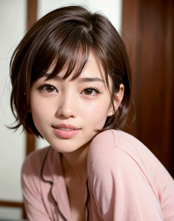 highest quality, Face Focus, Soft Light, (Depth of written boundary) ,Ultra-high resolution, (Realistic:1.4), RAW Photos, (Portraiture:1.4) ,(From the side) 1 Japanese girl, alone, cute, (shy, smile:1.1), (Brown eyes), Beautiful face in every detail, (short_hair), Inside the room, (pajamas)