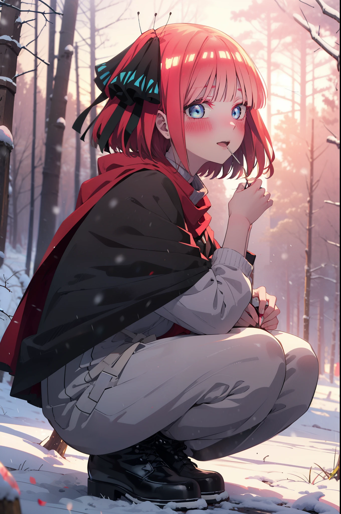 I was silent, Nino Nakano, short hair, bangs, blue eyes, hair ornaments, Hair Ribbon, Pink Hair, blunt bangs, Both sides up, butterfly hair ornaments,smile,blush,White Breath,
Open your mouth,snow,A bonfire on the ground, Outdoor, boots, snowing, From the side, wood, suitcase, Cape, Blurred, Increase your meals, forest, White handbag, nature, Squat, Mouth closed, フードed Cape, winter, Written boundary depth, Black shoes, red Cape break looking at viewer, Upper Body, whole body, break Outdoor, forest, nature, break (masterpiece:1.2), highest quality, High resolution, unity 8k wallpaper, (shape:0.8), (Beautiful and beautiful eyes:1.6), Highly detailed face, Perfect lighting, Extremely detailed CG, (Perfect hands, Perfect Anatomy),