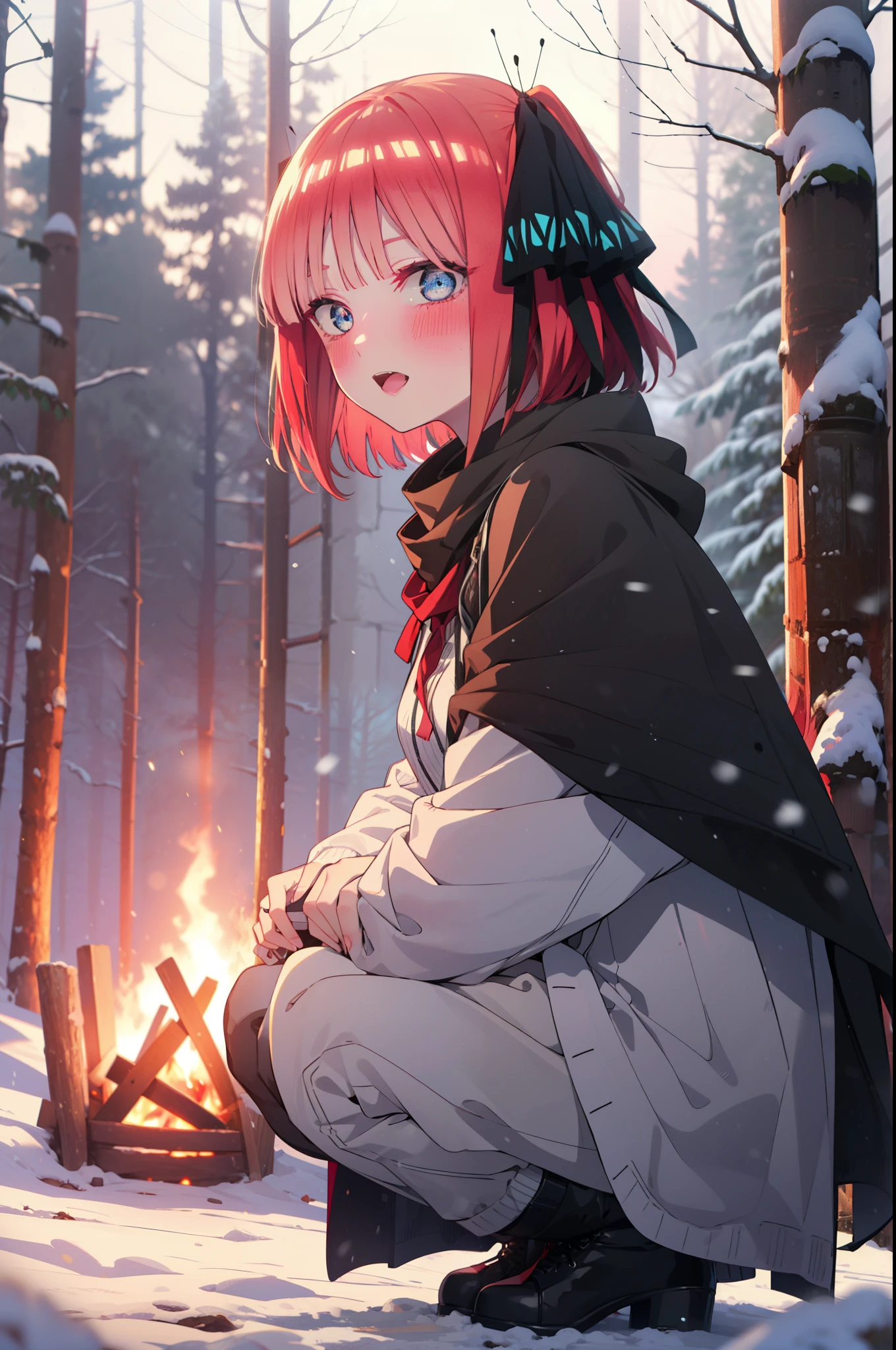 I was silent, Nino Nakano, short hair, bangs, blue eyes, hair ornaments, Hair Ribbon, Pink Hair, blunt bangs, Both sides up, butterfly hair ornaments,smile,blush,White Breath,
Open your mouth,snow,A bonfire on the ground, Outdoor, boots, snowing, From the side, wood, suitcase, Cape, Blurred, Increase your meals, forest, White handbag, nature, Squat, Mouth closed, フードed Cape, winter, Written boundary depth, Black shoes, red Cape break looking at viewer, Upper Body, whole body, break Outdoor, forest, nature, break (masterpiece:1.2), highest quality, High resolution, unity 8k wallpaper, (shape:0.8), (Beautiful and beautiful eyes:1.6), Highly detailed face, Perfect lighting, Extremely detailed CG, (Perfect hands, Perfect Anatomy),