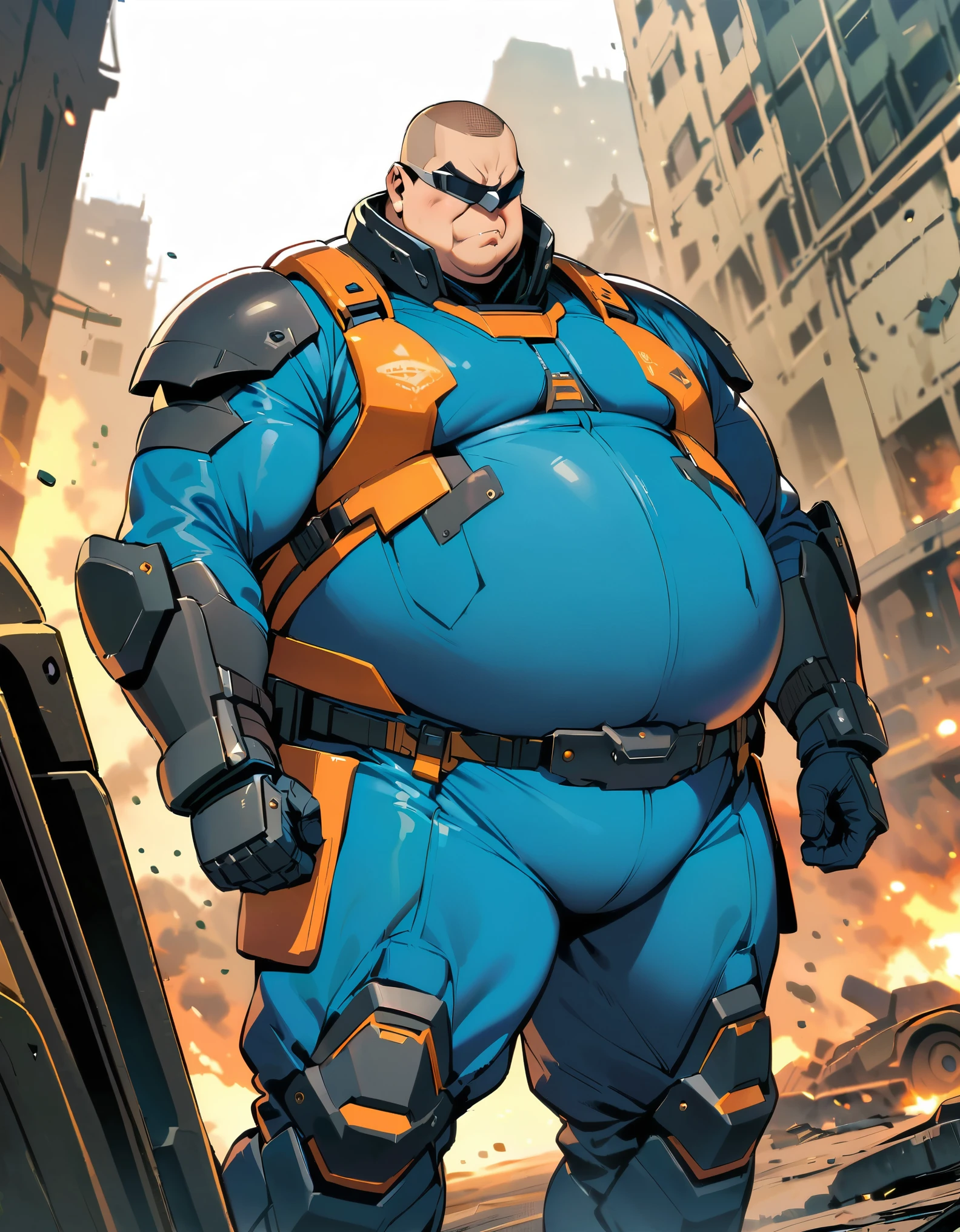 masterpiece, best quality, male focus, supervillain, solo, red and blue bodysuit, fat, overweight, armored suit, googles, war zone, turbine fan in belly, brown hair, buzz cut