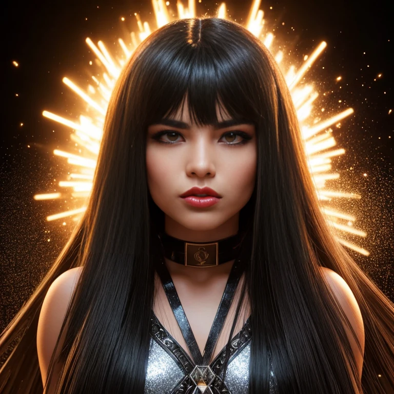 Close-up of one gorgeous face of 14 years old Lady with long black mane and yellow streaks, native American woman with dark black smooth mane hair, bangs, both with elaborate make-up, shiny glossy light-red glitter lips, sticking out her tongue, black out-lined, backdrop in black with sand-yellow and silver flashes. Detailed high-quality rendering, overall photorealism realistic faces and tongues, dynamic scene, atmospheric lighting.