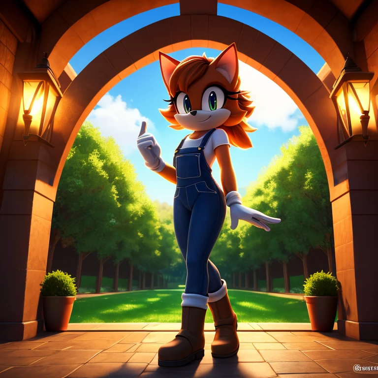 Mobian, 1girl, female, mobian cat, feline, solo, alone, shirt, overalls, four fingered glove, brown boots, small hands, fit, noon, sunny, cartoon style, detailed background, garden, masterpiece, high quality, studio quality, intricate details, 4k, best quality, ultra-detailed, cinematic lighting, beautiful lighting, hi res, detailed, detailed background, vibrant lighting