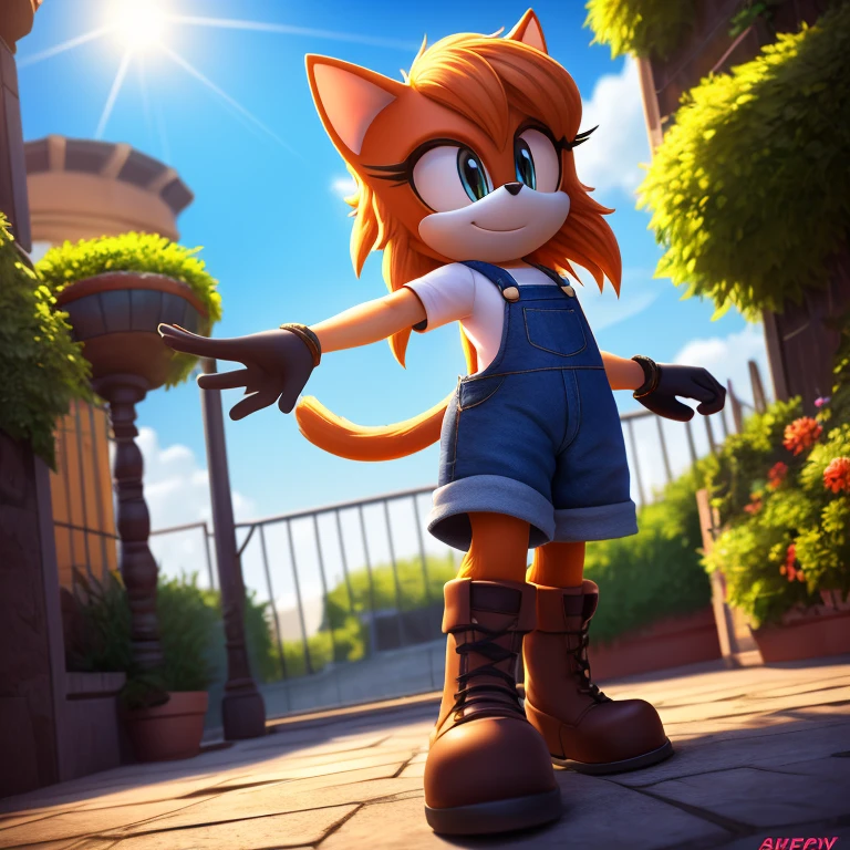 Mobian, 1girl, female, mobian cat, feline, solo, alone, shirt, overalls, four fingered glove, brown boots, small hands, fit, noon, sunny, cartoon style, detailed background, garden, masterpiece, high quality, studio quality, intricate details, 4k, best quality, ultra-detailed, cinematic lighting, beautiful lighting, hi res, detailed, detailed background, vibrant lighting