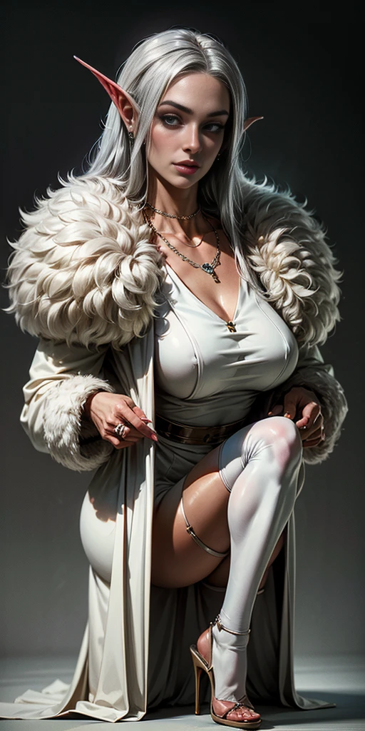 Pirotess dark elf. 1girl, white silver long hair, tellow eyes, white dress, black stockings, white high heels, jewelry necklace, fur coat, portrait