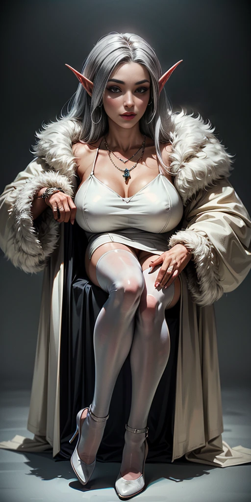Pirotess dark elf. 1girl, white silver long hair, tellow eyes, white dress, black stockings, white high heels, jewelry necklace, fur coat, portrait
