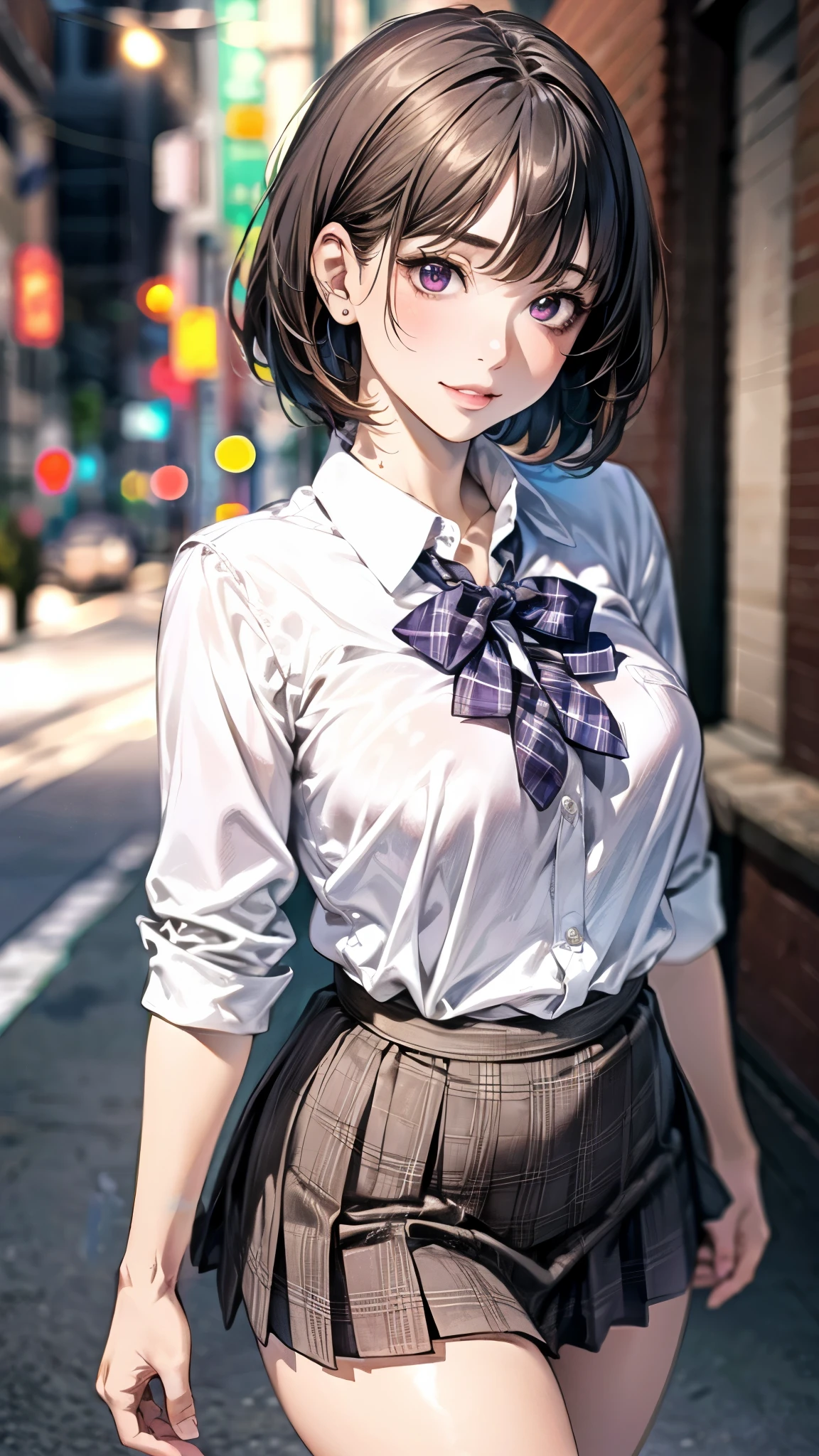 (masterpiece:1.2, top-quality, ultra high res, ultra detailed), (realistic, photorealistic:1.4), beautiful illustration, perfect lighting, natural lighting, colorful, depth of fields, surrealism, 
beautiful detailed hair, beautiful detailed face, beautiful detailed eyes, beautiful clavicle, beautiful body, beautiful chest, beautiful thigh, beautiful legs, beautiful fingers, shiny skin, babyface, 
looking at viewer, 1 girl, japanese, high school girl, (perfect anatomy, anatomically correct, super detailed skin), cute and symmetrical face, perfect face, perfect eyes, 
(middle hair, bob cut, straight hair, copper tone hair), swept bangs, brown eyes, drooping eyes, big eyes, long eyelashes, (large breasts:1.2, seductive thighs), slender, outstanding style, 
((detailed cloth texture, white collared shirt, purple plaid pleated skirt, purple plaid bow tie), white socks, black loafer), 
(beautiful scenery), evening, (school), walking, (seductive smile, upper eyes, parted lips),