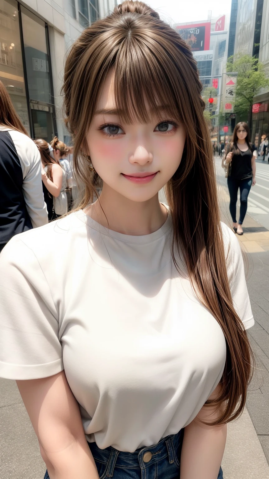 Tabletop、Large Breasts、 Large Breastsの谷間, Natural Lip、Fair skin、Great light、Beautiful lighting、((Straight Hair、ponytail))、Brown Hair、Blunt bangs、White T-shirt、Damaged denim shorts、Gorgeous Accessories、Shibuya、Harajuku、smile、かわいいsmile、Crowds in the city