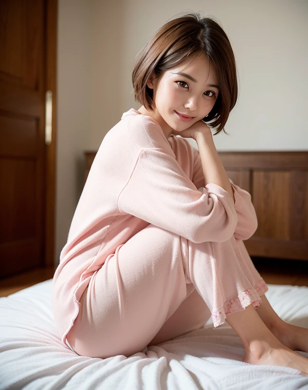 highest quality, Soft Light, (Depth of written boundary) ,Ultra-high resolution, RAW Photos ,(From the side) 1 Japanese girl, alone, cute, (shy, smile:1.1), (Brown eyes), Beautiful face in every detail, (short_hair), On the bed, (pajamas)
