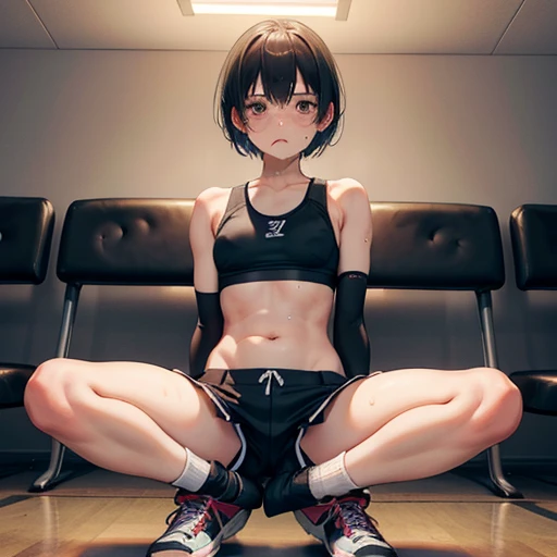 Cute high school girl sitting and crying、Are depressed、Many scars and bruises、Slender body、After a crushing defeat in a martial arts match、Sad look、sitting in the basement waiting room、Very sweaty、Short black hair、Poor body、Small breasts、Sports Bra、High leg shorts、Open Finger Gloves