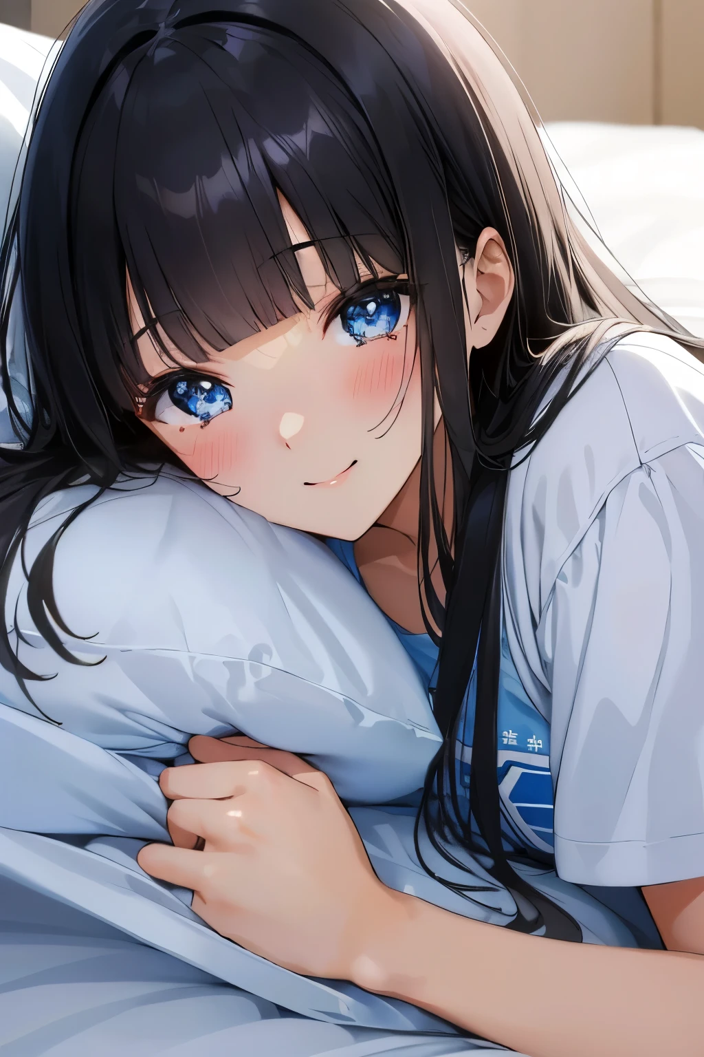Masterpiece、highest quality、Woman 1、Super detailed Black Hair、Blunt Bangs Blue Eyes、Sparkling Eyes Smiling、blush T-Shirts Face is close、Facial Close-up Sheetsに寝転がる、Lying on your side Sheets