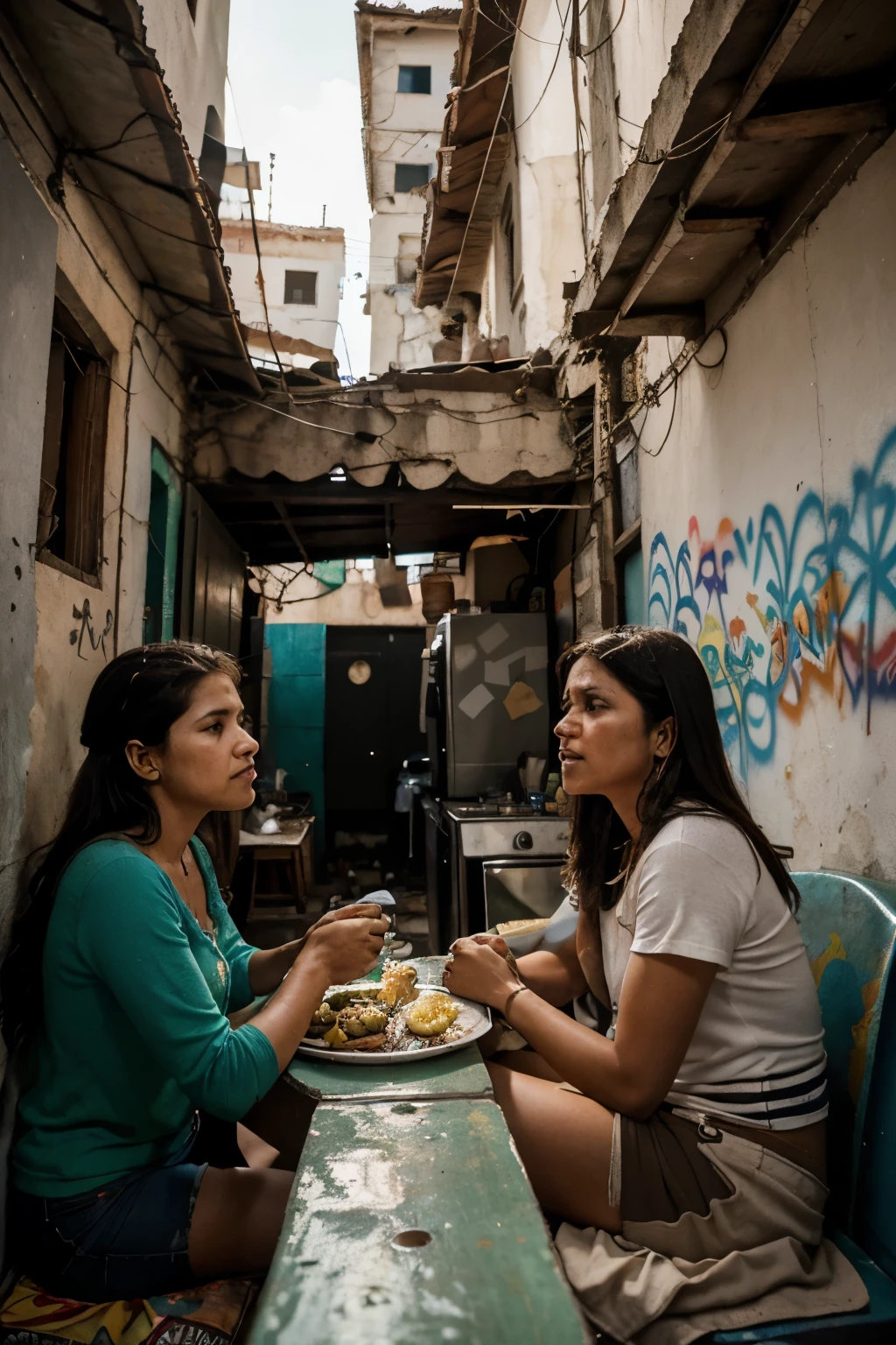best quality,highres,masterpiece:1.2,ultra-detailed,realistic,physically-based rendering,Venezuelan dysfunctional family in a house in Petare, vivid colors, portraits, chaotic, crowded, lively, dim-lighted, worn-out furniture, a small kitchen with a single gas stove, dark alleys, narrow streets, concrete walls covered in graffiti, colorful murals, vibrant marketplaces, vendors selling street food, children playing in the streets, laundry hanging from windows, people with tired expressions, crowded living room with mismatched furniture, a broken TV playing a telenovela, family members arguing passionately, emotional conversations, a worn-out sofa with ripped upholstery, a dining table filled with dishes of traditional Venezuelan food, a family gathering for a meal, expressive faces reflecting love, tension, and frustration, a nostalgic atmosphere, a sense of resilience amidst adversity, a sense of unity amidst conflicts, the importance of familial bonds.