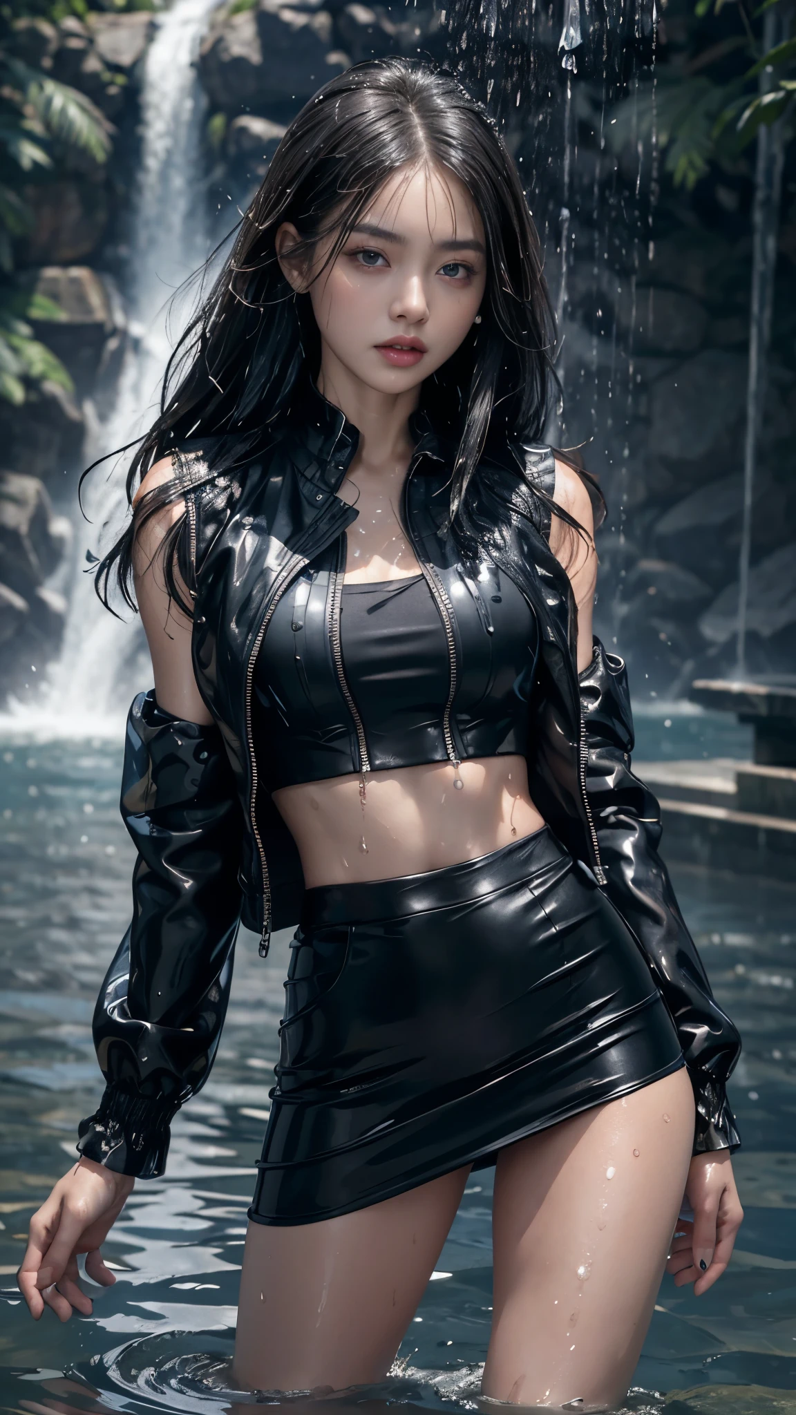 8k, masterpiece, 1 girl, beautiful face, very long hair, light makeup, (wet skin:1.3), detailed eyes, detailed lips, small bust, short jacket, wet black vest, ((wet mini skirt)), ((under pants)), ((bare thigh)), straps clothing, (water falling:1.4), steam effect, water vapour,
