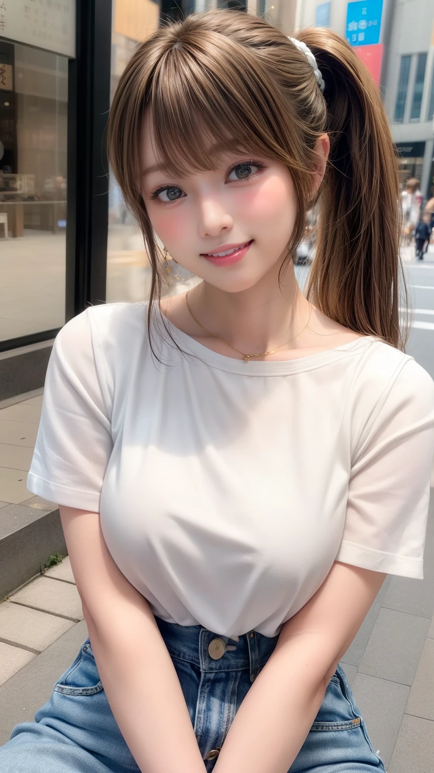 Tabletop、Large Breasts、 Large Breastsの谷間, Natural Lip、Fair skin、Great light、Beautiful lighting、((Straight Hair、ponytail))、Brown Hair、Blunt bangs、White T-shirt、Damaged denim shorts、Gorgeous Accessories、Shibuya、Harajuku、smile、かわいいsmile、Crowds in the city