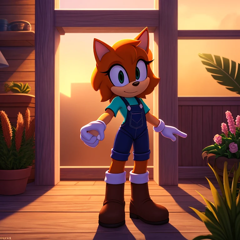 Mobian, 1girl, female, mobian cat, feline, solo, alone, shirt, overalls, four fingered glove, brown boots, small hands, fit, noon, sunny, cartoon style, detailed background, garden, masterpiece, high quality, studio quality, intricate details, 4k, best quality, ultra-detailed, cinematic lighting, beautiful lighting, hi res, detailed, detailed background, vibrant lighting