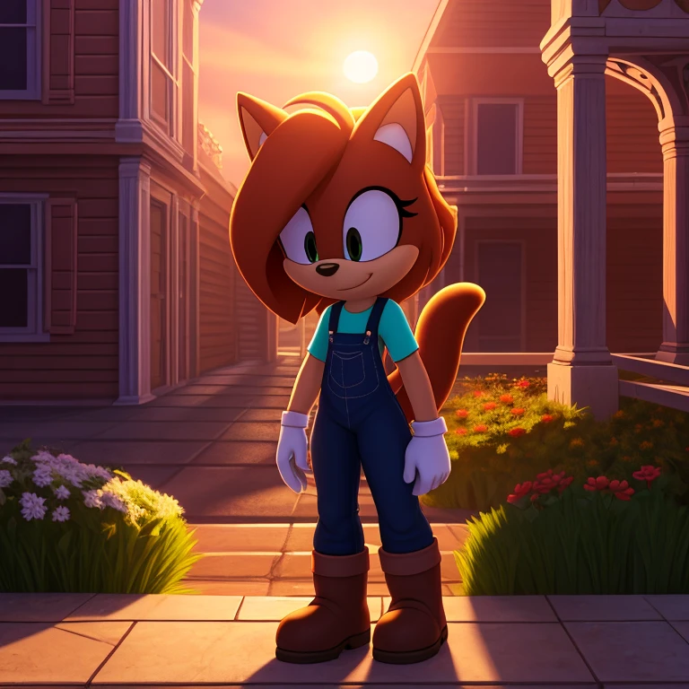 Mobian, 1girl, female, mobian cat, feline, solo, alone, shirt, overalls, four fingered glove, brown boots, small hands, fit, noon, sunny, cartoon style, detailed background, garden, masterpiece, high quality, studio quality, intricate details, 4k, best quality, ultra-detailed, cinematic lighting, beautiful lighting, hi res, detailed, detailed background, vibrant lighting