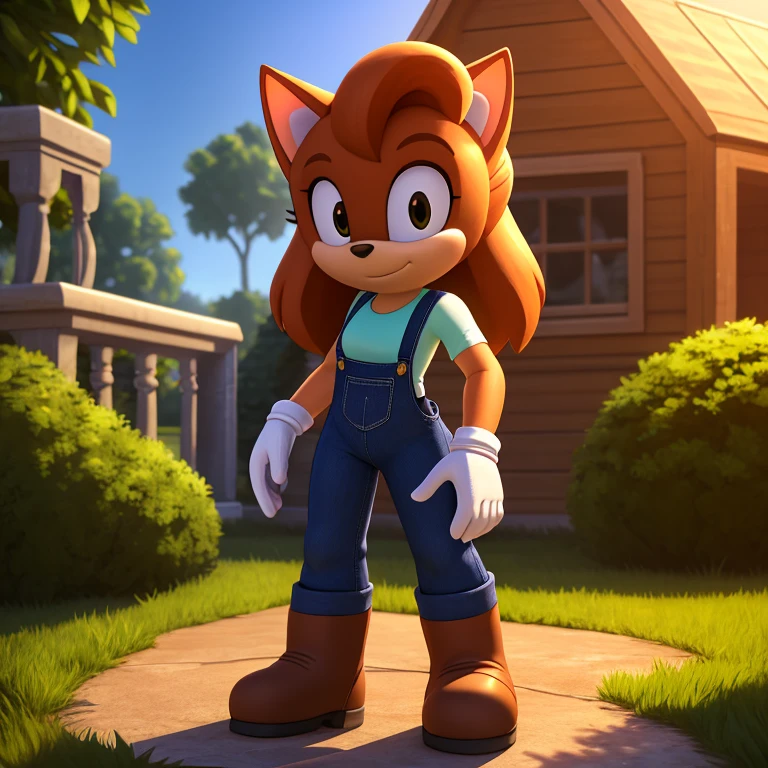 Mobian, 1girl, female, mobian cat, feline, solo, alone, shirt, overalls, four fingered glove, brown boots, small hands, fit, noon, sunny, cartoon style, detailed background, garden, masterpiece, high quality, studio quality, intricate details, 4k, best quality, ultra-detailed, cinematic lighting, beautiful lighting, hi res, detailed, detailed background, vibrant lighting