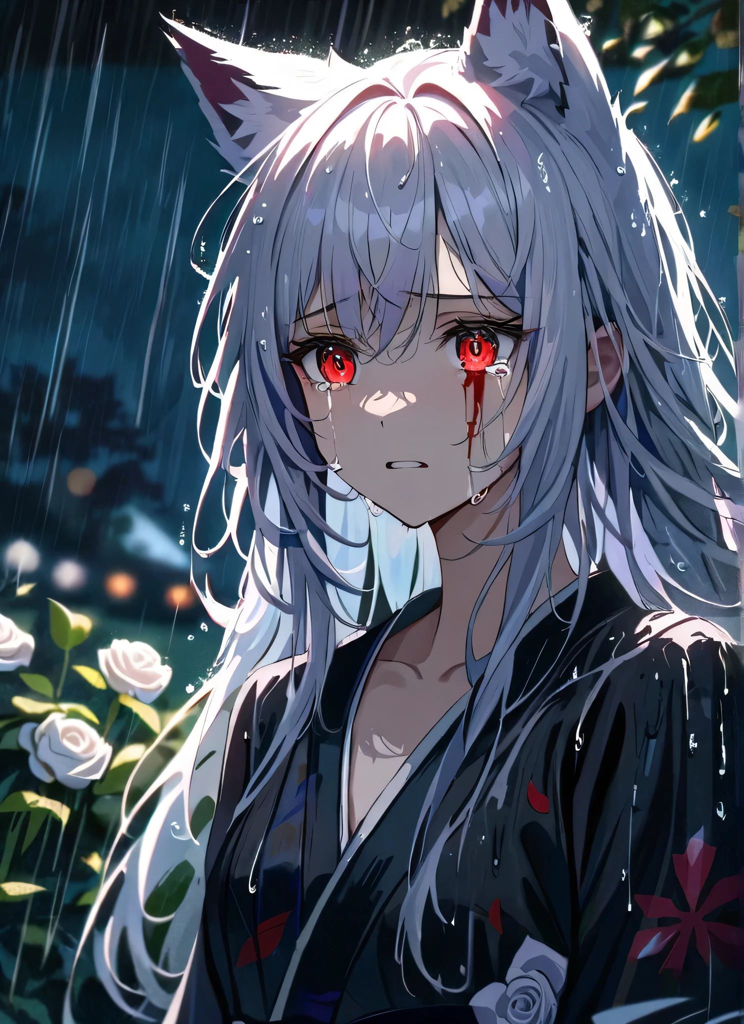 (best quality,4k,highres),(ultra-detailed),portrait,sadness,dark,heartbroken,crying,garden,night,rain,white roses,gorgeous girl,missing parts of the suit,wolf ears,ripped clothes,damaged kimono samurai suit,sharp eyes,long eyelashes,vivid colors,ultra-long white hair,wet hair,tears,blood,shattered hopes,despair,wounded soul,dejected expression,withered petals,forlorn atmosphere,soaked ground,twisted branches,flickering lanterns,moonlit shadows,reflecting pools,meticulous details,expressive brushstrokes,dramatic lighting,hauntingly beautiful.