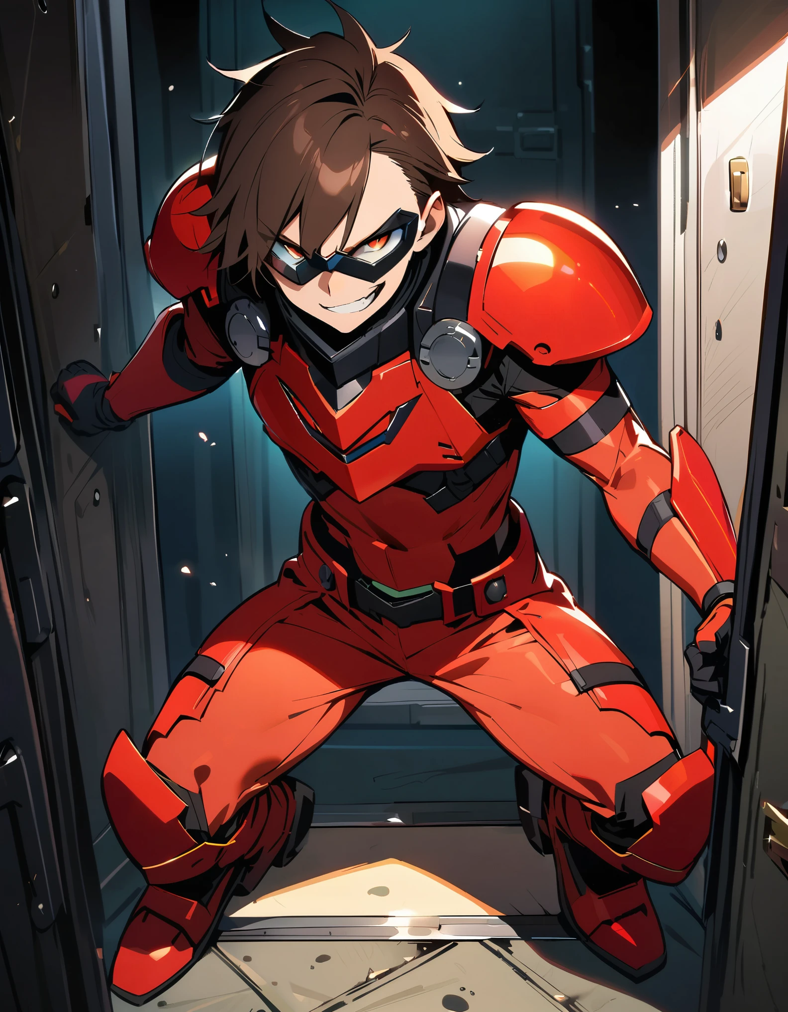 masterpiece, best quality, 1boy, male focus, supervillain, solo, red bodysuit, shoulder pads, armored suit, googles, opened bank vault, brown hair, age 12, cute face, evil smile, full body
