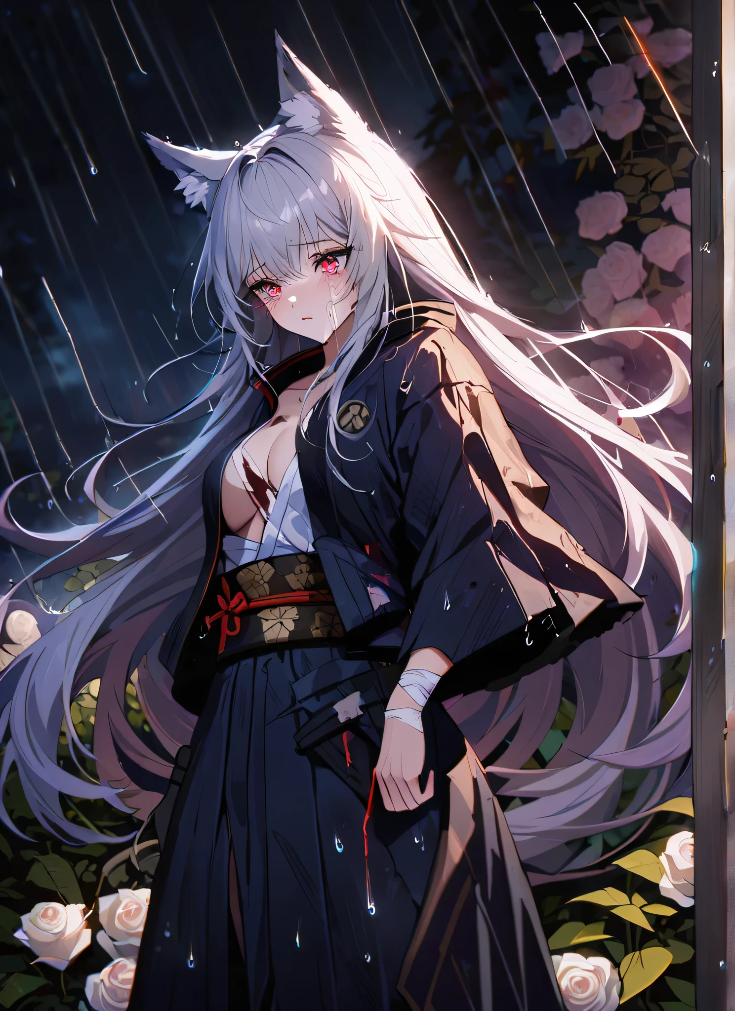 A gorgeous girl, wolf ears, wearing a damaged  kimono samurai  suit, a very  ripped  damaged kimono suit, missing parts of the suit, very ripped clothes, she's sad, tears, heartbroken, hurt, blood, dark garden, white roses, ultra detailed face, long eyelashes, sharp eyes, perfect make up, white ultra long hair, fullbody shot, garden, night, rain, 