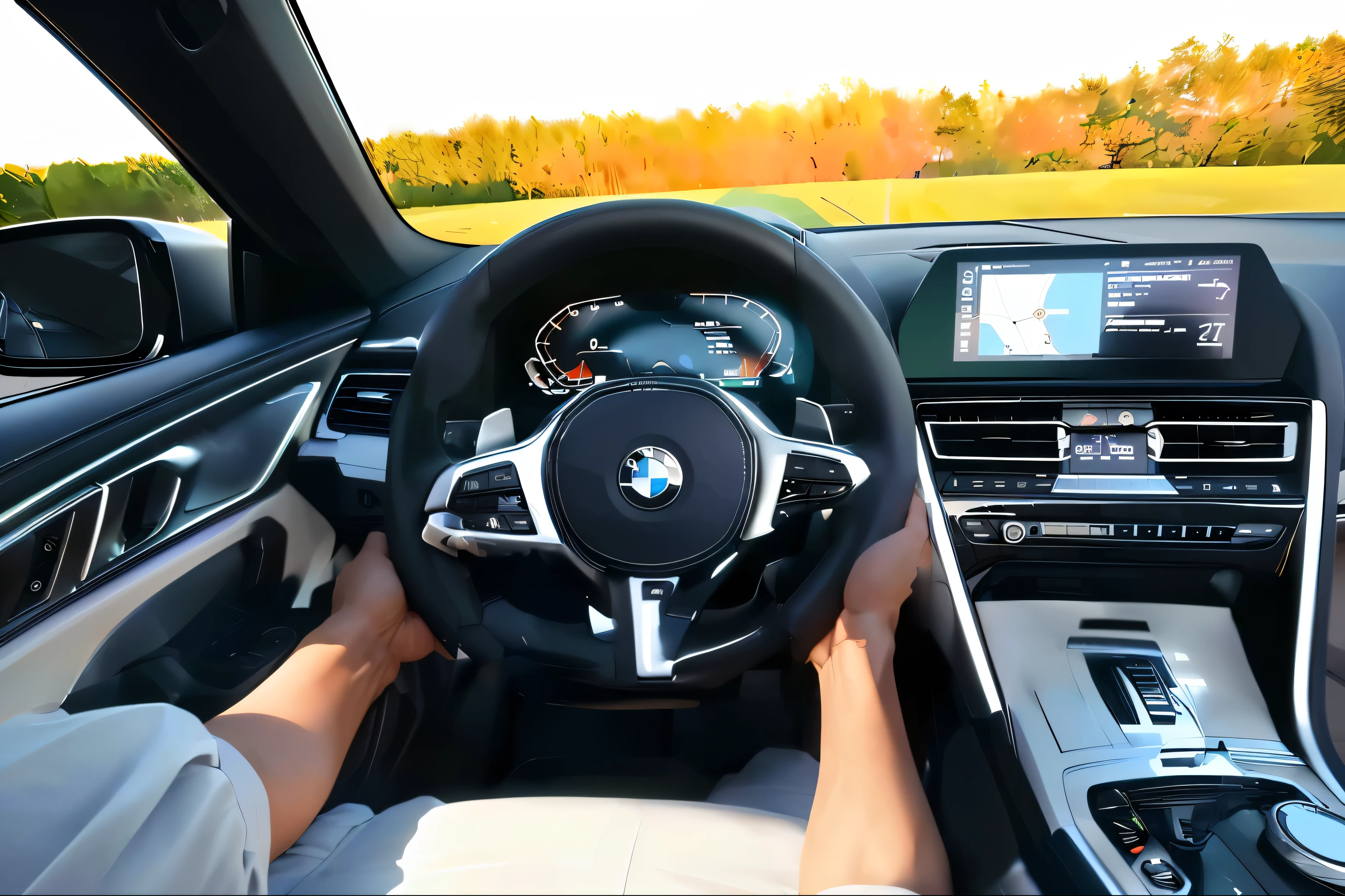 (best quality),(masterpiece), (Extremely detailed 8k wallpaper),(scene description: A man wearing a white shirt and black suit pants.Sitting in the driver's seat of your BMW in a supine position.)(( The picture shows wearing a white shirt、POV of man in black suit pants。A man's hands。Hold the left side of the Direction plate with your left hand((Extremely detailed left hand detail))。Hold the gear lever head with your right hand((Extremely detailed right hand detail)).The scene continues to show the white shirt on the man's chest,The lower edge of the direction plate shows the black pants worn by the man's lower body.))araFed has a car view of the direction plate and dashboard, grand, Direction plate, High-end interior, F / 3, F / 4, F/4, BMW, No watermark, 單Direction plate, Shot with Sony Alpha 1 camera, F/3 2,Shot with Canon EOS R5,Shot with Canon EOS R 5