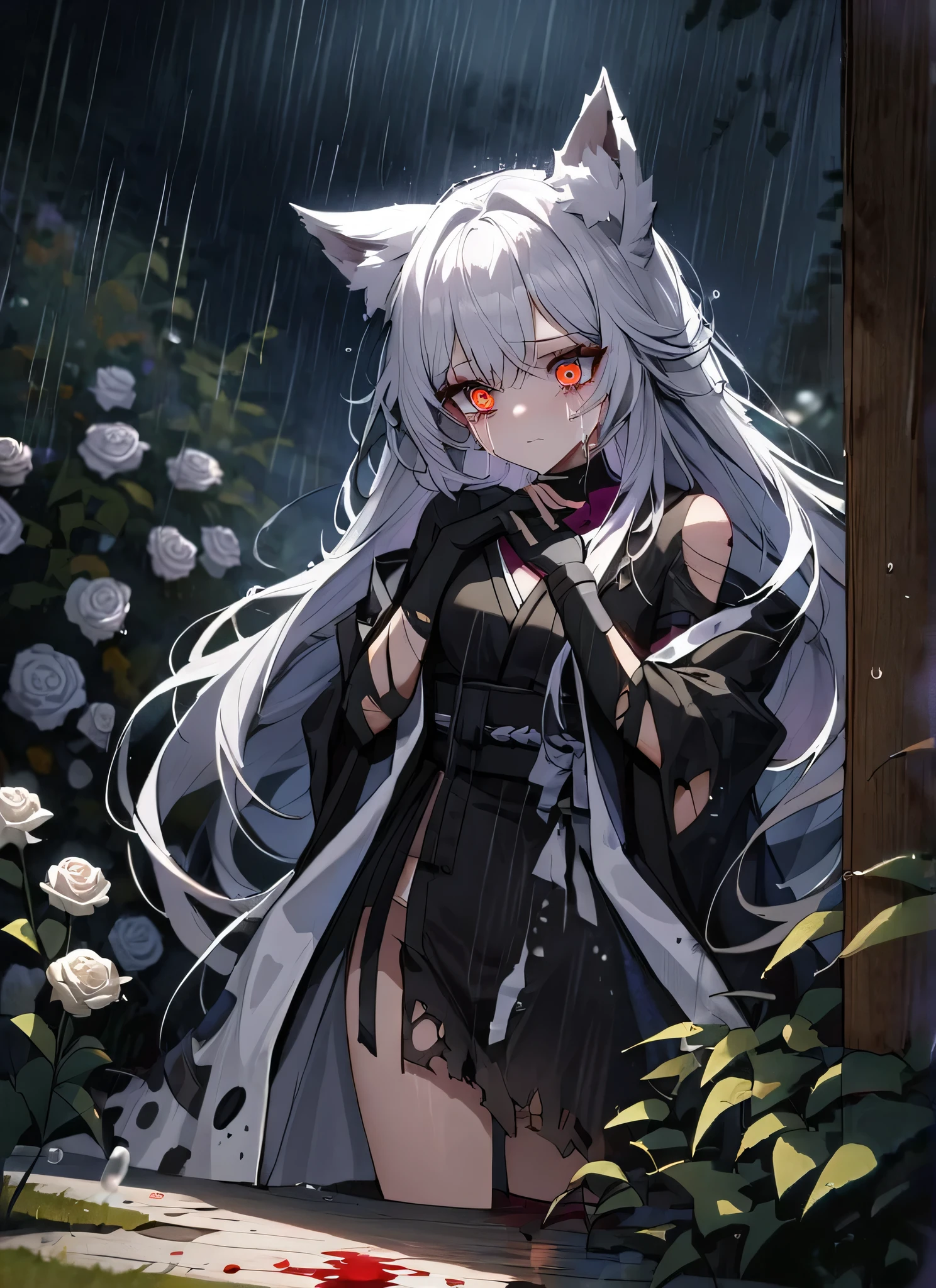 A gorgeous girl, wolf ears, wearing a damaged kimono samurai suit, a very ripped damaged kimono suit, missing parts of the suit, very ripped clothes, she's sad, tears, heartbroken, hurt, blood, dark garden, white roses, ultra detailed face, long eyelashes, sharp eyes, perfect make up, white ultra long hair, fullbody shot, garden, night, rain,